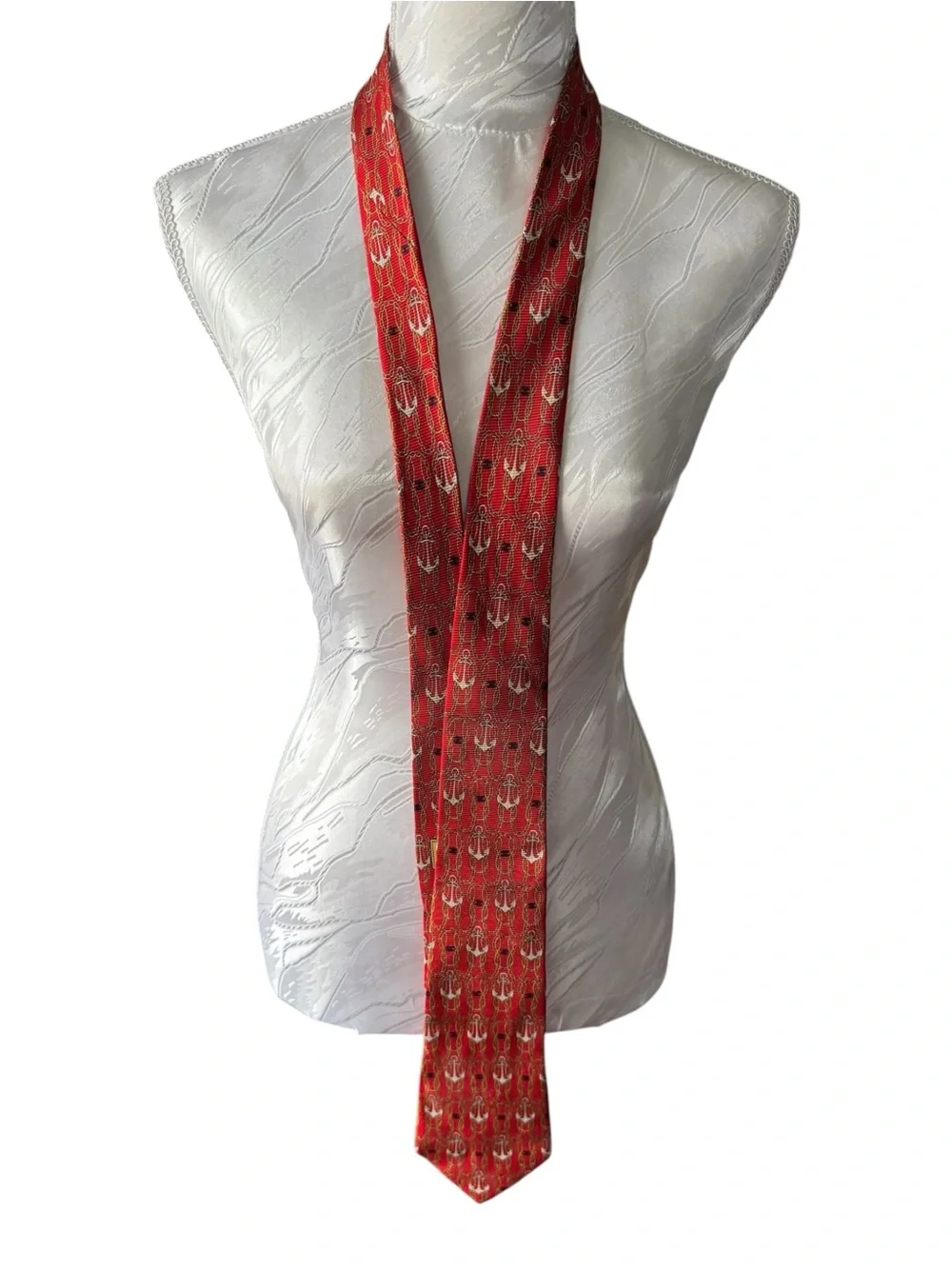 CHANEL Red Anchor Silk Patterned Scarf Tie